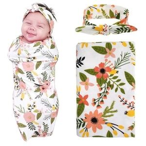 Newborn Baby Swaddle Blanket and Headband Value Set, Orange Daisy
